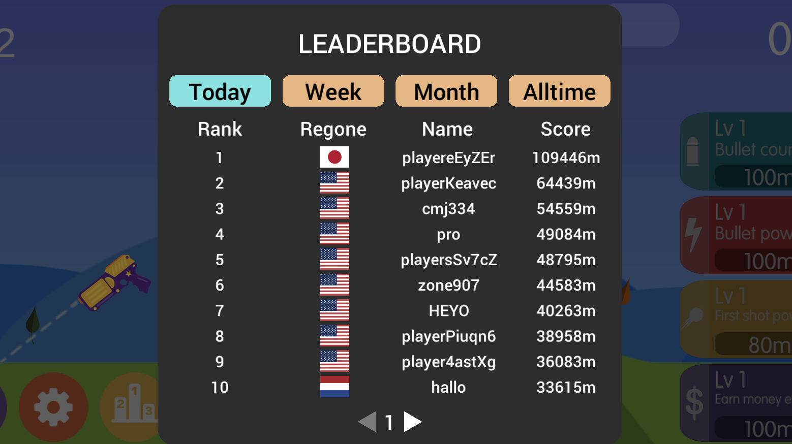 Kickback Dash Global Leaderboard showing top players and high scores. Displays rankings, player names, and distance achievements for competitive players aiming to reach the top of the leaderboard.